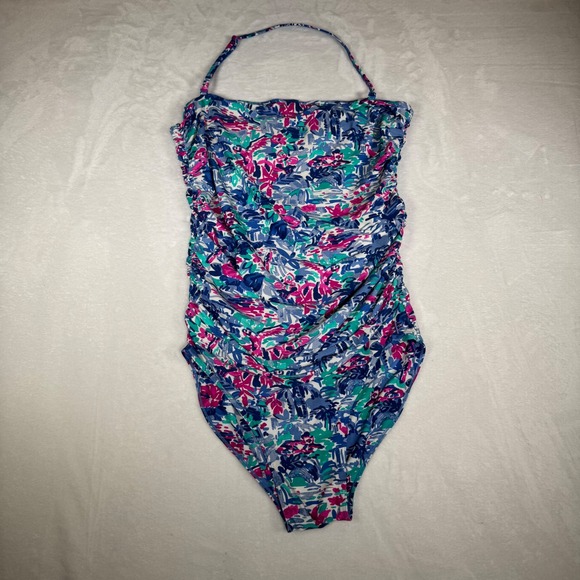 Coolibar Lanikai 3 in 1 Swim Bottom Tropical Floral Ruched Pink Blue M UPF 50 - Picture 4 of 8